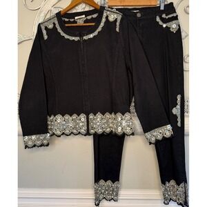 Luxe Moda Womens Black Embellished Denim 2 Piece Set Beaded Sequin Jacket Pants